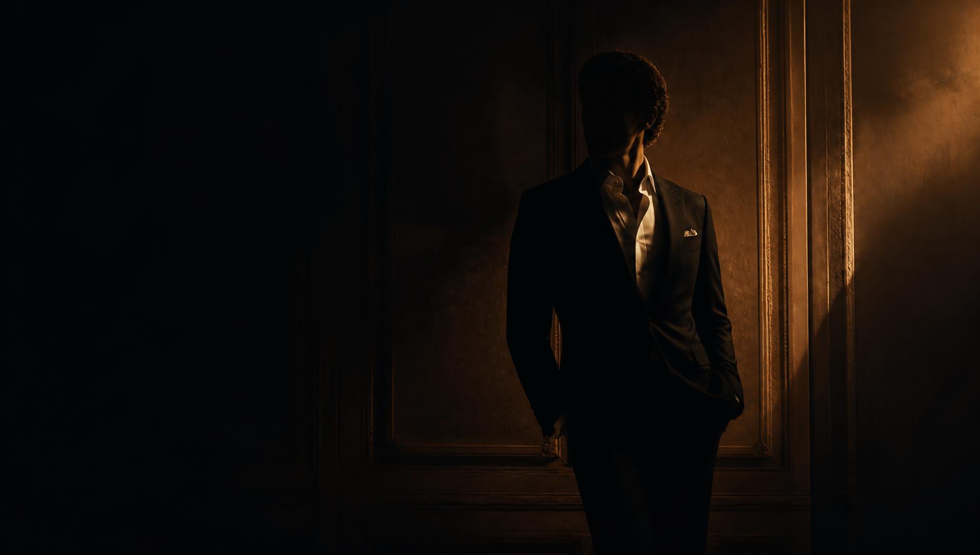 A man in a black tailored suit standing in low golden light against a dark panelled wall